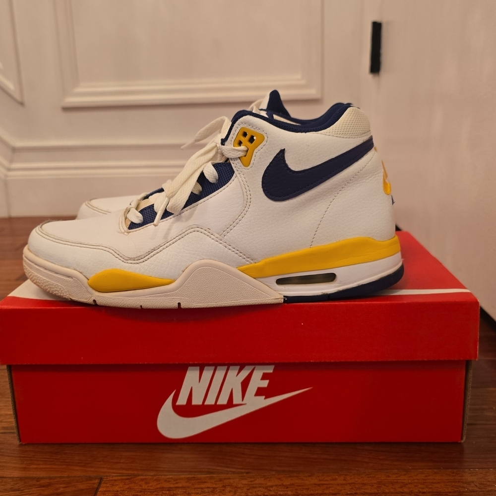 Nike Flight Legacy - White, Purple and Yellow High-Top Sneakers - Men's Size 8
